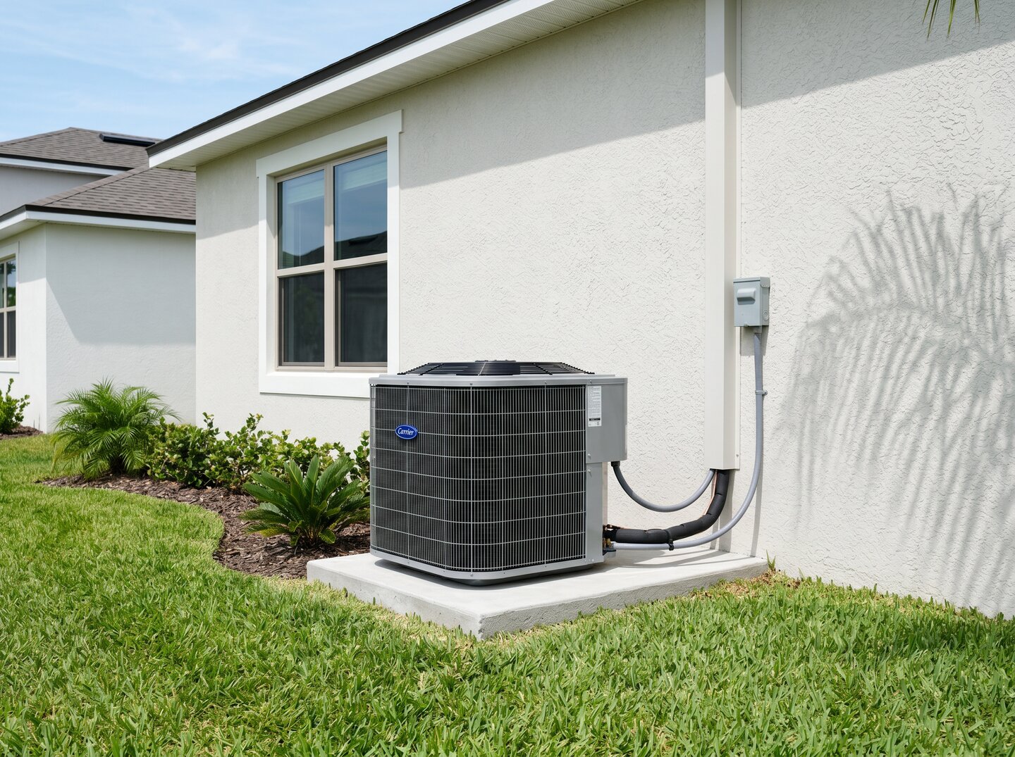 Cleanly installed residential AC condenser unit with Carrier branding on a tidy Florida lawn