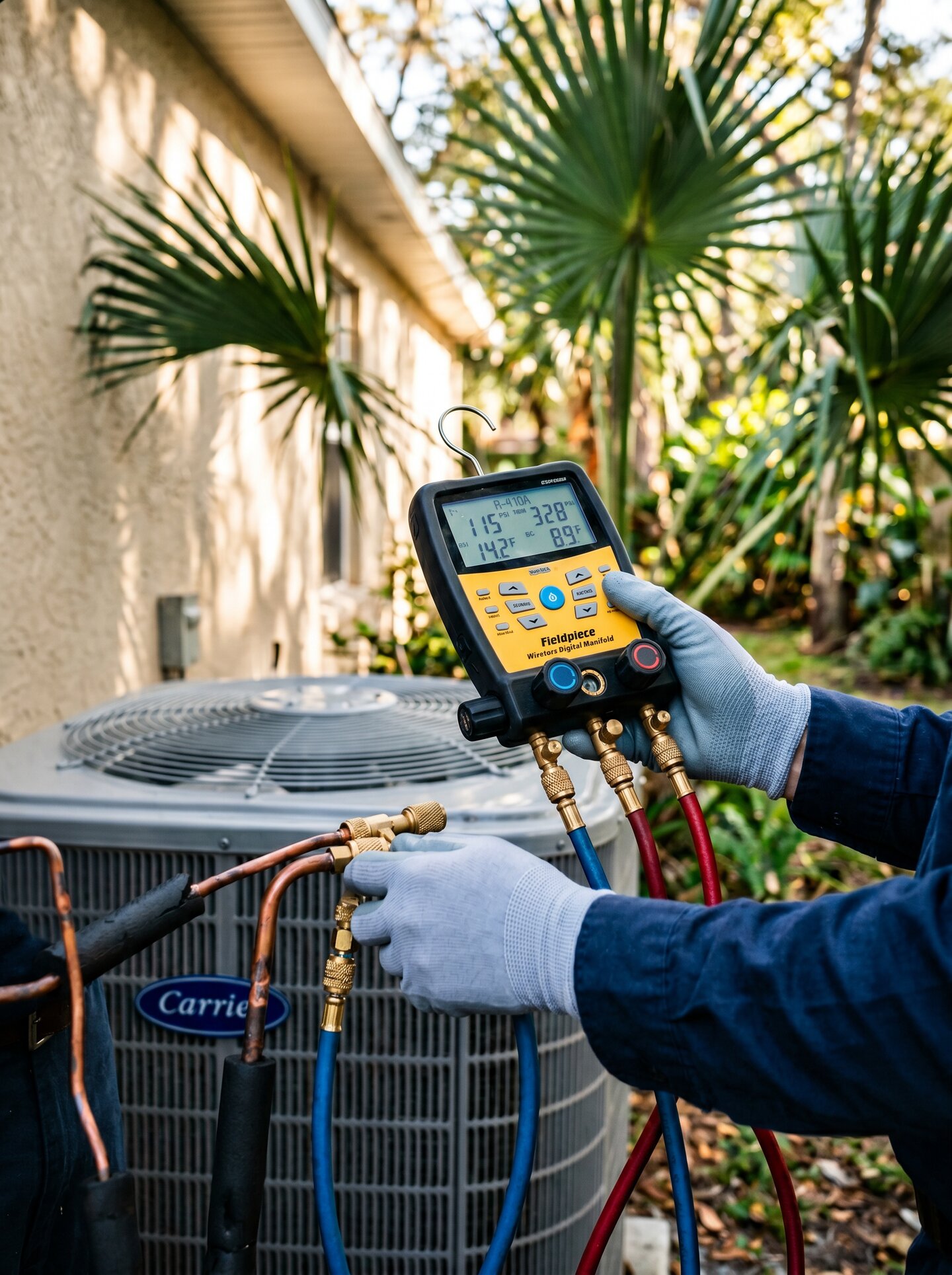 Technician hands holding a manifold gauge set reading refrigerant pressure on a Florida AC unit
