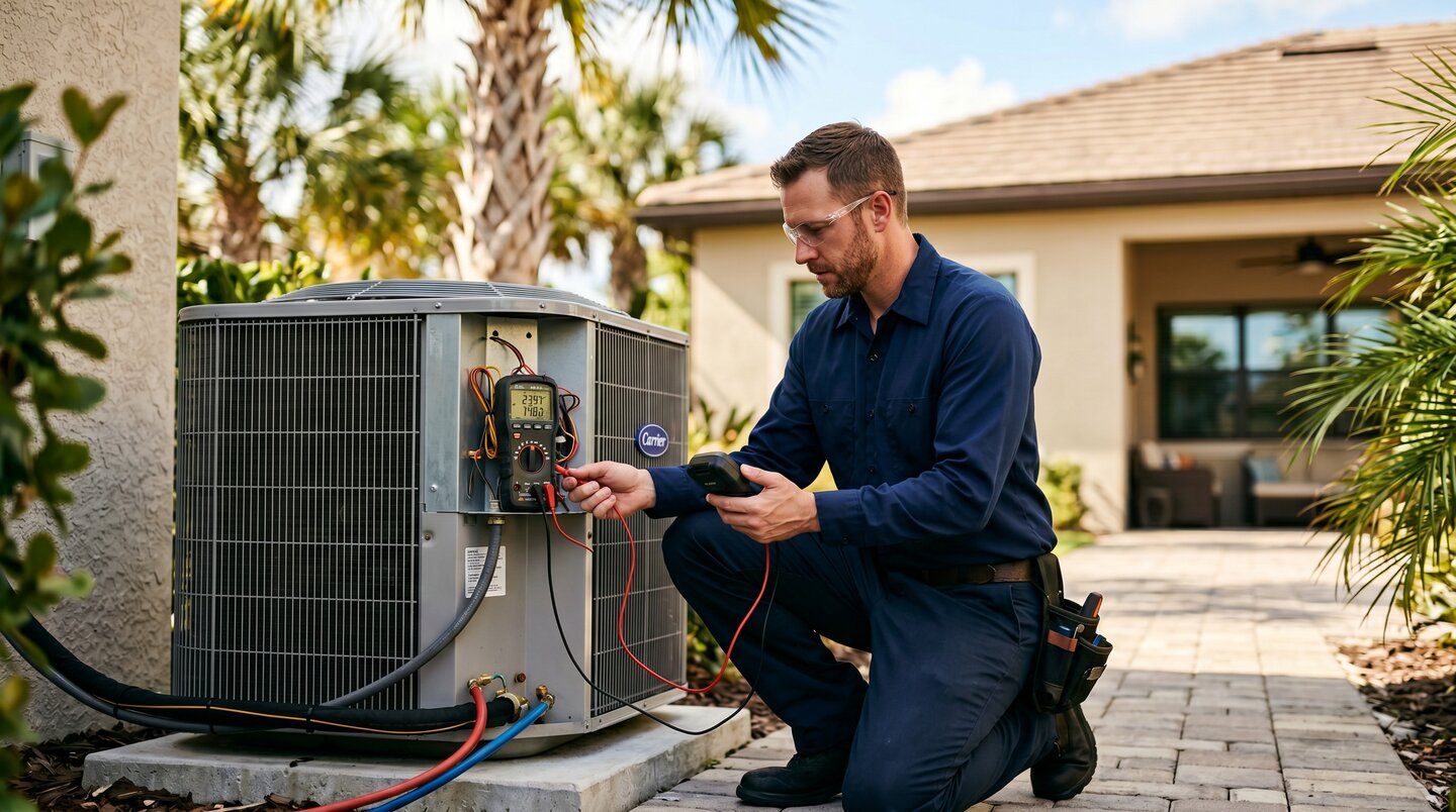 Licensed HVAC technician using a multimeter on a residential condenser unit in Port St. Lucie