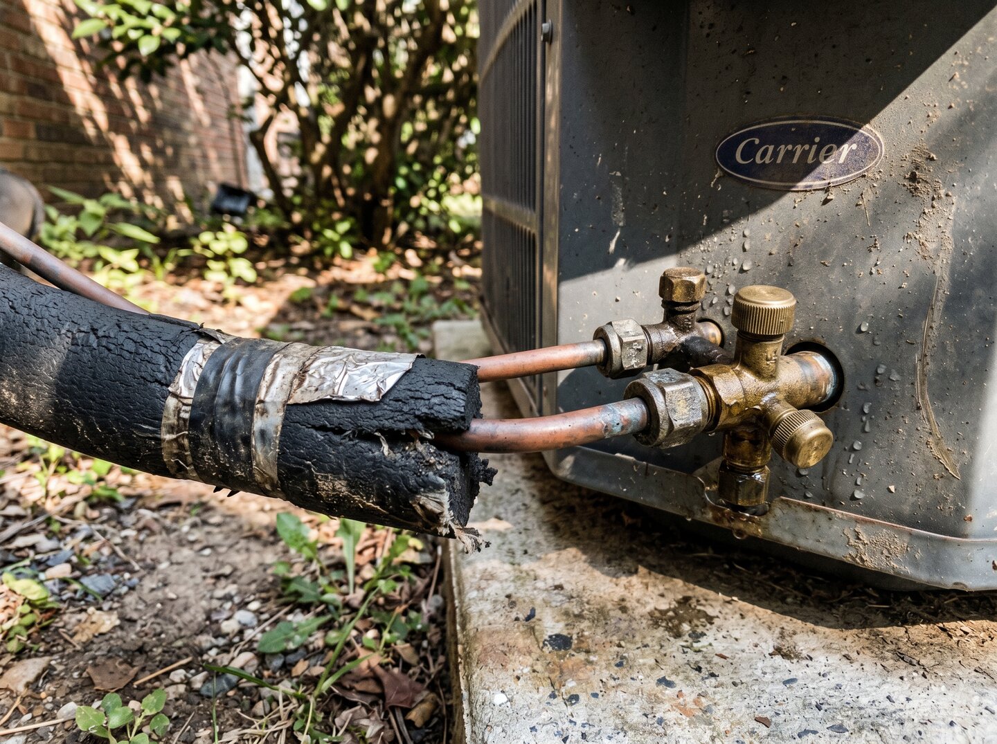 Close-up of damaged and torn insulation on an AC refrigerant line-set connected to a Carrier condenser