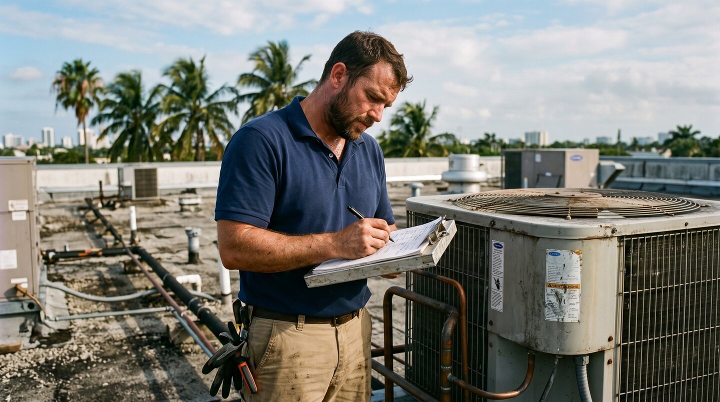 HVAC technician on a Florida rooftop taking diagnostic notes on a clipboard next to a commercial condenser unit